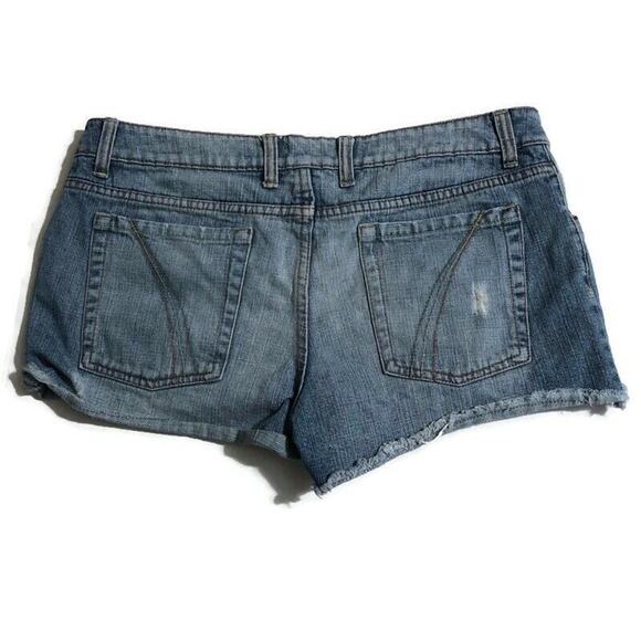 Mossimo Womens Juniors Sz 13 Mid Rise Distressed Raw Hem Denim Blue Jean Shorts - Picture 2 of 4